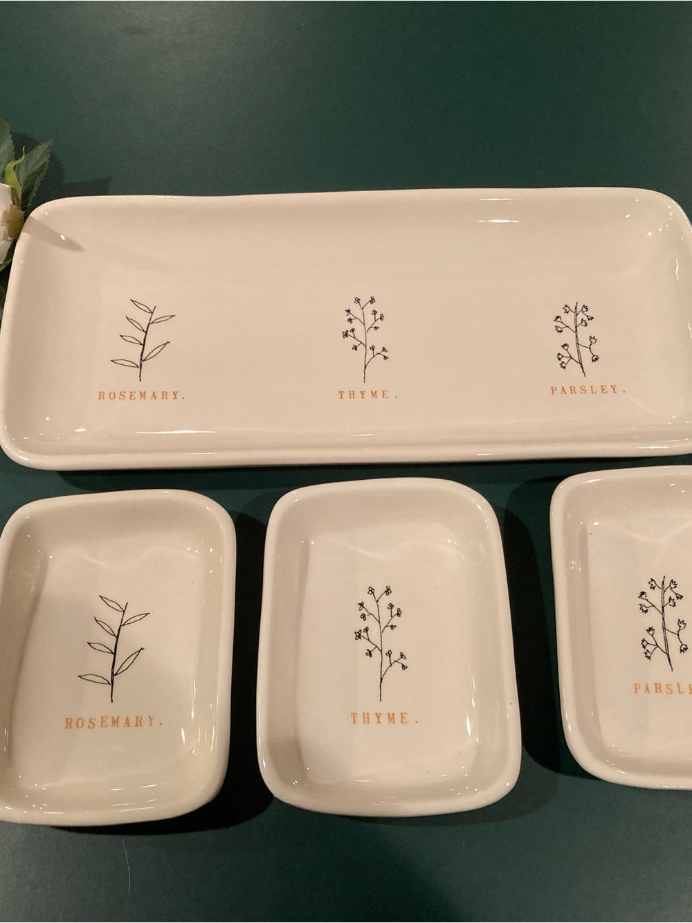 Rae Dunn: Herb Print Ceramic Serving Tray and Dishes - cream